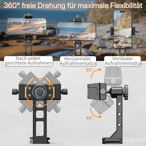 Metal Phone Mount for Tripod with 2 Cold Shoes & Arca Port,Phone Holder Stand with 4 * 1/4" Screw Mount,Support Vertical & Horizontal Rotate Suitable for iPhone 17 Pro/16Pro/15Pro/14/13