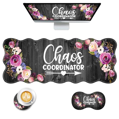Mouse Pad with Wrist Support + Desk Mat + Coaster 3 in 1 Set, XL Large Gaming Mousepad Ergonomic Mouse Pads for Desk Computer Laptop Office,Chaos Coordinator Quotes Vintage Watercolor Floral - color: Chaos Coordinator Quotes Vintage Watercolor Floral, siz