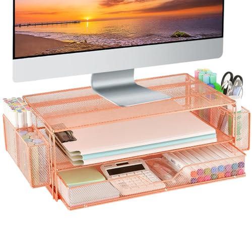 AUPSEN Computer Monitor Stands Riser，2-Tier Desk Organizers and Accessories, Office Desk Accessories Organizer with Drawers and 2 Pen Holder for Office Supplies (Rose Gold) - color: Rose Gold Metal