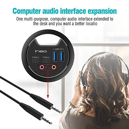 ineo Grommet Desk-Fit (Diameter 2.3" to 2.4") 2Type A + 2Type C with 3.5mm Audio Mic Jack + 3.2" Expandable case (Power is not Included)[THC06 - VI Plus]
