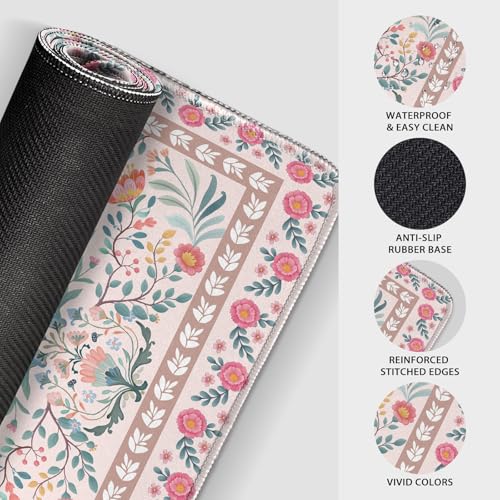 Pink Floral Desk Mat 31.5"x15.7" | Extra Large Mouse Pad, Non-Slip Rubber Base, Waterproof Desk Blotter, Stitched Edges, Smooth Computer Mat Office - color: Pink Floral
