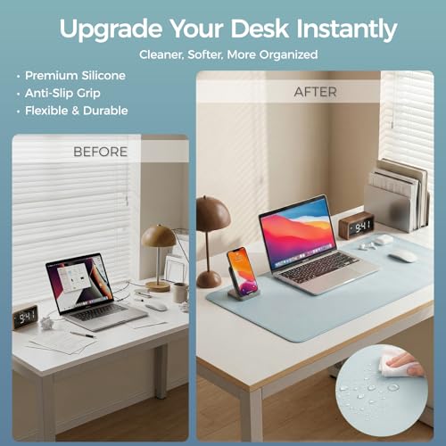 Silicone Desk Mat for Minimal, Creative, Vanity Desk – Reduces Glare, Comfortable Viewing – Writable, Non-Slip, Waterproof, Roll-Up – Food-Grade Platinum-Cured Silicone, Gift Tube（Mist Blue） - color: Mist Blue