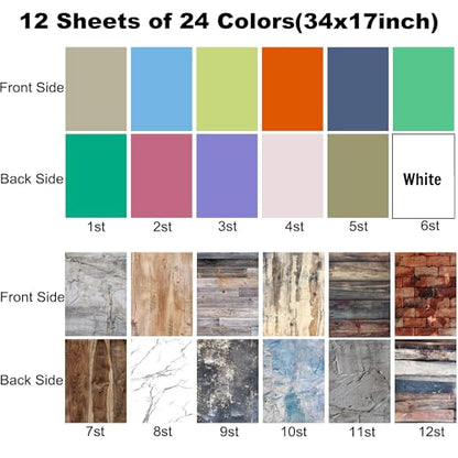 24 Colors Small Product Backdrops Photography Background Paper with Stand 12PCS 34x17inch Flat Lay Backdrop for Cosmetics Jewelry Products and Food - color: 24 Colors Red Yellow Purple