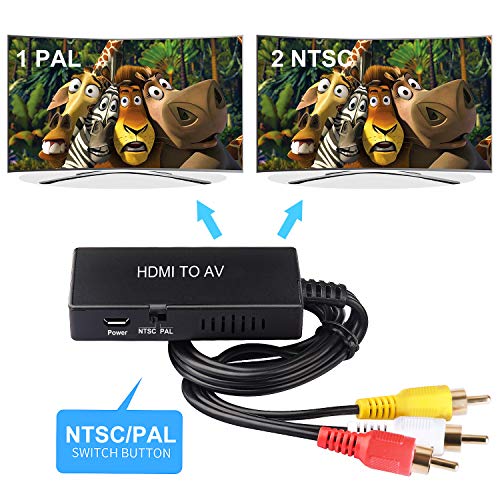 HDMI to RCA Converter, HDMI to AV 3RCA CVBs Composite Video Audio Converter Adapter Supports PAL/NTSC for TV Stick, Roku, Android TV Box, DVD ect, Black