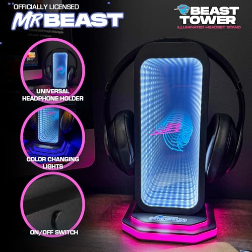 Feastables Beast Tower MrBeast Gaming Headphone Stand | RGB Light Display with Infinity Mirror Effect and Logo | Universal Headset Holder; USB Powered Desk Computer Accessory for Gamers and Streamers