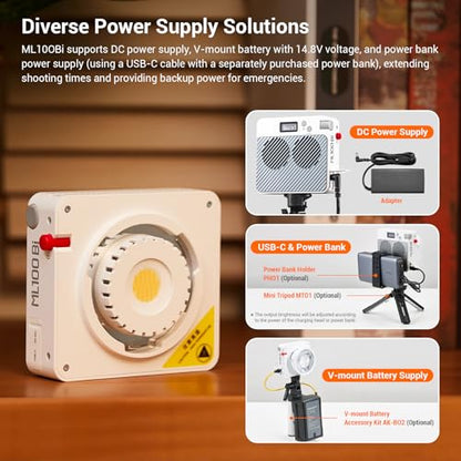 Godox ML100Bi 100W Portable LED Video Light,CRI 97+/TLCI 98+,0%-100% Brightness& Bi-Color COB Continuous Output Lighting 2800-6500K,11 FX Lighting Effects,App Control Mini Photography Light - color: ML100Bi