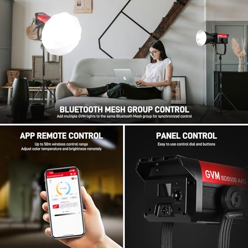 GVM 500W COB LED Video Light, APP Control, Bi-Color Continuous Output Lighting with Bowens Mount, 2700K-6800K, CRI/TLCI97+, 227040lux@1m, 12 Effects & 12 Sources for Studio Photography - size: 500W
