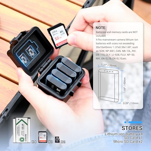 DB-110 LI-92B LI-90B NP-50 Battery and SD Micro SD Card Case, Water-Resistant & Shockproof, Camera Battery Case Holder Storage Box for 4X DB-110/LI-90B/LI-92B/EN-EL19/EN-EL10/NB-13L/NP-BX1/SLB-11A - size: for Battery x 4 + 1 SD + 2 MicroSD