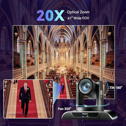Tenveo NDI PTZ Camera AI Humanoid & Face Auto-Tracking, HDMI/LAN/USB3.0 PoE PTZ Camera 20X Optical Zoom IP Live Streaming, FHD 1080P 60FPS, for Church Services Worship Video Conference Live Streaming - color: Glossy Black
