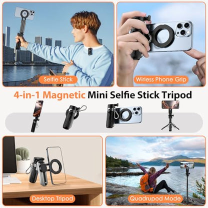 CloudValley Magnetic Mini Selfie Stick Tripod, 4-in-1 Pocket Size Phone Tripod with 360° Rotation, Choice Rechargeable Bluetooth Remote, Foldable Handle Grip, Compatible with MagSafe iPhone - style: No Light