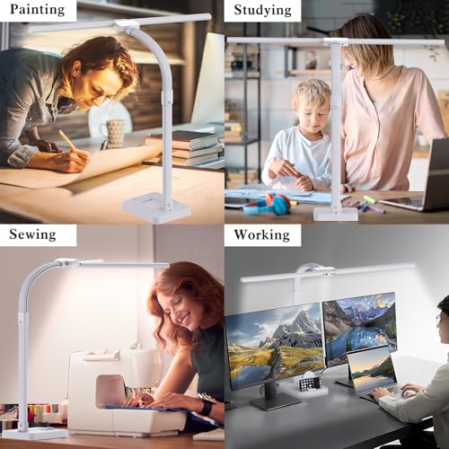 GAEFURY LED Desk Lamp for Home Office, 24W Bright Desk Lamp with Phone Holder Base - 25 Lighting Modes Eye-Caring Desk Light Adjustable Gooseneck Lamp for Workbench Drafting Reading Study-White - color: White