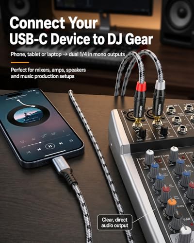 USB C to 1/4 inch Audio Cable 6.6FT - USB-C to Dual 6.35mm TS Mono Y-Splitter for DJ Mixer, Podcasting Music Production Connect Phone/Laptop to Amp, Mixer Speakers(Output ONLY · NOT for Recording)