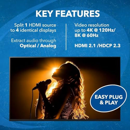 OREI 8K HDMI Splitter 1 in 4 Out, 1 x 4 Duplicate/Mirro Screen with Audio Extractor UltraHD Supports Upto 4K @ 120Hz IR EDID HDCP 2.3 for PS5, Xbox, NVIDIA (BK-104A) - style: 8K@60Hz - 4 Outputs w/ Audio Extractor