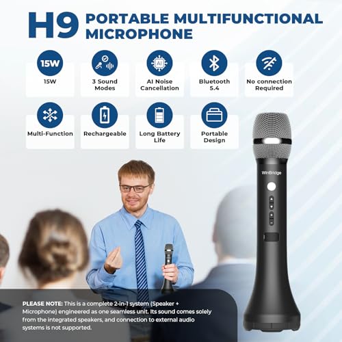 Bluetooth Microphone Wireless Voice Amplifier With 3 Sound Effects H9 | Professional Intelligent Handheld Mic Speaker, 15W Microphone with Built in Speaker for Karaoke Teaching Singing Speaking