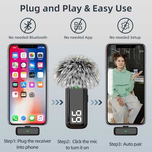2 in 1 Wireless Lavalier Microphone for iPhone Android Phone, Noise Canceling USB C Microphone with Charging Case for Video Recording Vlogging Tiktok YouTube