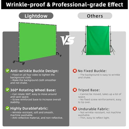 Lightdow 10x7ft Rolling Background Stand Kit with Green Screen Backdrop & Wheels & Portable Carrying Bag & Clamp & Gloves for Streaming/Studio Video Recording/Zoom Meeting/Party