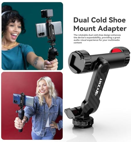 Phone Tripod Mount, Universal Smartphone Holder with 2 Cold Shoe Mount Adapter and 1/4" Standard Screw Thread, 360°Rotation & 180°Tilt Phone Clamp Compatible with iPhone & Android for Photography