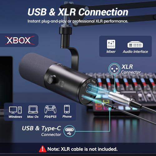 TONOR Dynamic Podcast Microphone for Studio, Cardioid XLR/USB Mic, AI Noise Cancellation, Tap Mute, 3.5mm Headphone Jack for Monitoring, Volume Control, Microfono with Boom Arm, Black, TD510 AIR H+