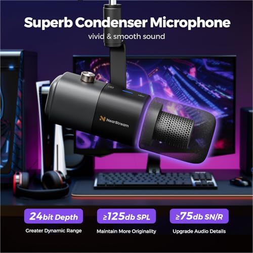 NearStream AM20X Podcast Microphone with Boom Arm, USB/XLR Condenser Microphone for Podcasting/Streaming/Gaming/Record, PC and Audio Mixer, AI Noise Canceling, Gain Control, Sound Monitoring, Mute