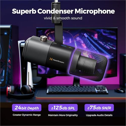 NearStream AM20X Podcast Microphone with Boom Arm, USB/XLR Condenser Microphone for Podcasting/Streaming/Gaming/Record, PC and Audio Mixer, AI Noise Canceling, Gain Control, Sound Monitoring, Mute