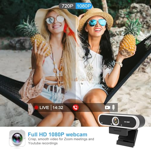 Webcam 1080P with Microphone and Webcam Cover Plug and Play with Auto Light Correction for Laptop PC Desktop for Live Streaming Video Call Conference