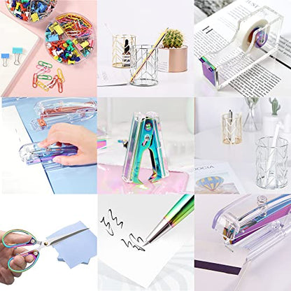 Famassi Dream Color Acrylic Stapler and Tape Dispenser Set, Office Supplies with Tape Dispenser, Stapler Remover, 2 Ballpoint Pen, Scissor, Binder Clips, Paper Clips and 1000pcs Staples - color: Multicolor