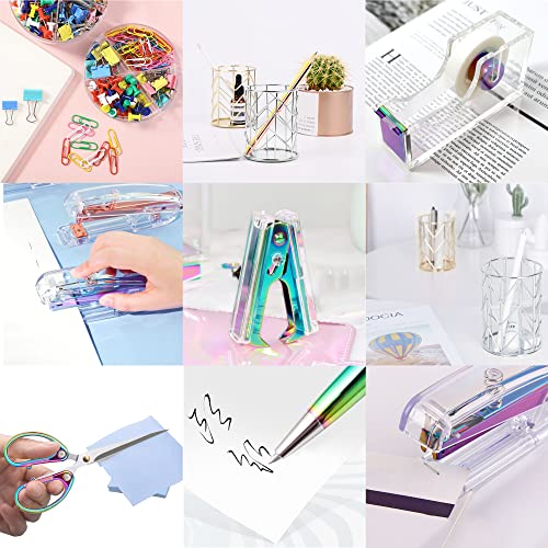 Famassi Dream Color Acrylic Stapler and Tape Dispenser Set, Office Supplies with Tape Dispenser, Stapler Remover, 2 Ballpoint Pen, Scissor, Binder Clips, Paper Clips and 1000pcs Staples - color: Multicolor