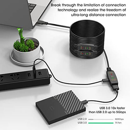 100ft Active USB 3.0 Extension Cable, Male to Female USB Extender with 3 Signal Boosters, SuperSpeed 5Gbps Data Cord (Micro USB Power Cable Included) for Webcams, Printers, VR, Security Cameras - size: 100FT