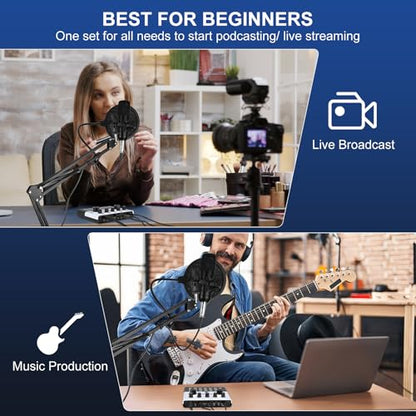 F993 All-in-One Podcast Equipment Bundle，BM-800 Recording Studio Package with Voice Changer, Live Sound Card - Audio Interface for Vlog/Live Streaming/Singing/YouTube/Gaming(White) - size: 1 MIC