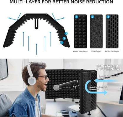 5-Panel Foldable Microphone Isolation Shield – Portable Soundproof Vocal Booth for Recording, Studio Mic Shield Compatible with Blue Yeti and Other Microphones - size: Five panels