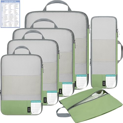 BAGAIL 6 Set Lightweight Compression Packing Cubes with Packing List, Anti-Tearing Expandable Organizer Bags for Travel, Matcha Green - color: Matcha Green