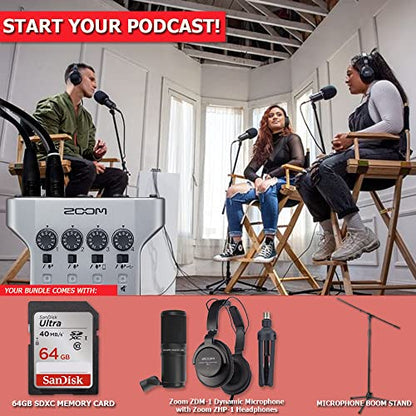 Zoom PodTrak P4 Portable Multitrack Podcast Recorder + Zoom ZDM-1 Podcast Mic Pack Accessory Bundle With Microphone, Headphones, Tripod, Windscreen & Cable + Accessory Kit