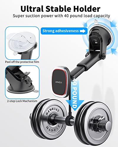 APPS2Car Magnetic Phone Mount, Dashboard Windshield Suction Cup Car Phone Holder Phone Mount with 6 Strong Magnets, Adjustable Telescopic Arm, Compatible with iPhone/Air/Pro/Max/All Smart Phones