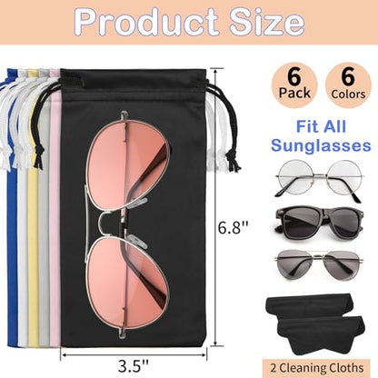 Hoiny 6 Pcs Microfiber Glasses Sunglasses Pouch with 2 Cleaning Cloths, Soft Drawstring Storage Bag for Phone, Eyeglass Case - color: Multi Color
