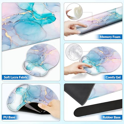 Desk Mat Set + Keyboard and Mouse Pad with Wrist Rest Support,4-in-1 Large Mousepad Computer Mats for Desktop Home & Office-Golden Blue Marble - color: Q-Marble 1