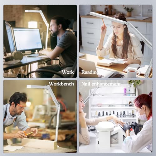 LED Desk Lamp, Manicure Table Lamp, 16" Lamp Head, Dimmable Eye-Caring Drafting Light with 3 Color Modes, 10 Brightness Levels & Adapter, Memory Function(White) - color: White