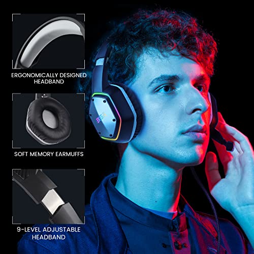 EKSA E1000 USB Gaming Headset for PC, Computer Headphones with Microphone/Mic Noise Cancelling, 7.1 Surround Sound, RGB Light - Wired Headphones for PS4, PS5 Console, Laptop, Call Center - color: Grey