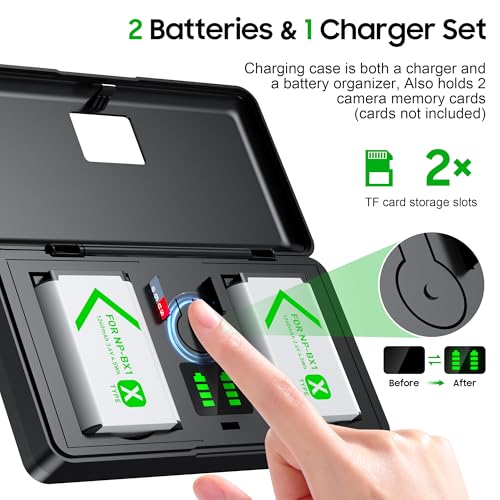 NP-BX1 Battery(2 Pack) and Charger(2CH) Set,Camera Accessories kit for Sony Lithium Ion NP-BX1,RX100 VII/VIII,ZV1 II,ZV1F,ZV-1F,DSC-HX400,RX1 Rechargeable Dual Batteries Case,Replacement Attachments