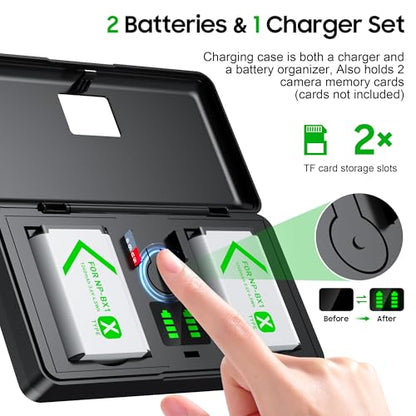 NP-BX1 Battery(2 Pack) and Charger(2CH) Set,Camera Accessories kit for Sony Lithium Ion NP-BX1,RX100 VII/VIII,ZV1 II,ZV1F,ZV-1F,DSC-HX400,RX1 Rechargeable Dual Batteries Case,Replacement Attachments