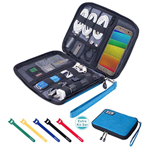 Travel Cable Organizer Bag Waterproof Portable Electronic Accessories Organizer for USB Cable Cord Phone Charger Headset Wire SD Card with 5pcs Cable Ties(Blue) - color: Blue