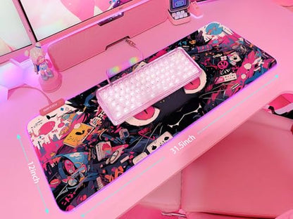 JMIYAV Pink RGB Gaming Mouse Pad 31.5x12 Inch PC XL Large Extended Glowing Led Light Up Desk Pad Non-Slip Rubber Base Computer Cute Mousepad Mat Desk Accessories Gaming Setup 763 - color: Midnight Eyes