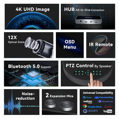 Tenveo 4K PTZ Conference Room Camera System, AI Auto-Tracking 12X Optical Zoom USB3.0 HDMI PTZ Camera and Bluetooth Speakerphone with 2 Expansion Mics Kit Wide Angle for Large Room Meetings