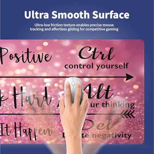 Stay Positive Work Hard with Arrows Large Mouse Pad, Pink Glitter Desk Mat | Inspirational Quote Black Red Design, Motivational, 31.5" x 11.8", XXL Gaming Stitched Keyboard Mat, Smooth, Anti-Slip - color: Inspirational Pink Glitter