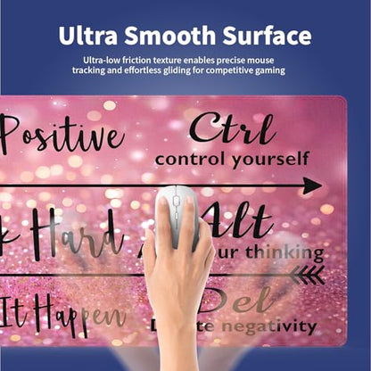 Stay Positive Work Hard with Arrows Large Mouse Pad, Pink Glitter Desk Mat | Inspirational Quote Black Red Design, Motivational, 31.5" x 11.8", XXL Gaming Stitched Keyboard Mat, Smooth, Anti-Slip - color: Inspirational Pink Glitter