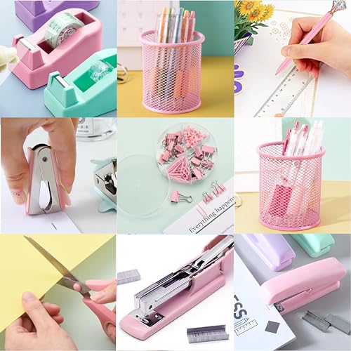 Pink Office Supplies, Pink Desk Accessories, Stapler, Staple Remover, Tape Holder, Pen Holder, Ballpoint Pen, Scissor, Binder Clips, Paper Clips and 1000pcs Staples. - color: Pink