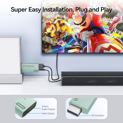GANA Wii to HDMI Converter Adapter with Hdmi Cable Connect Wii Console to HDMI Display in 1080p Output Video with 3.5mm Audio Supports All Wii Display Modes Turquoise - color: wii to hdmi Turquoise
