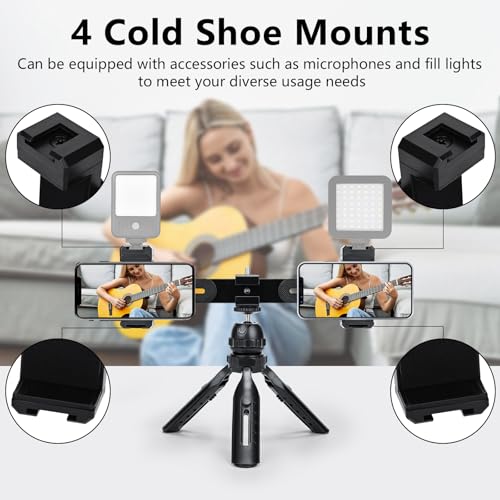 Multifunctional Smartphone Video Kit, with Universal Phone Desktop Tripod with Dual Phone Holders and 4 Cold Shoe mounts for vlogging, Live Streaming, Online Video Teaching, and conferences