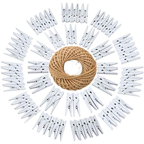 jijAcraft 100Pcs Clothespins with String, 1.4Inch Wooden Clothes Pins with 98Ft Jute Twine, Small Photo Clips, White Crafts Decor Clips, Clothespins for Baby Shower, Wedding, Birthday - color: White
