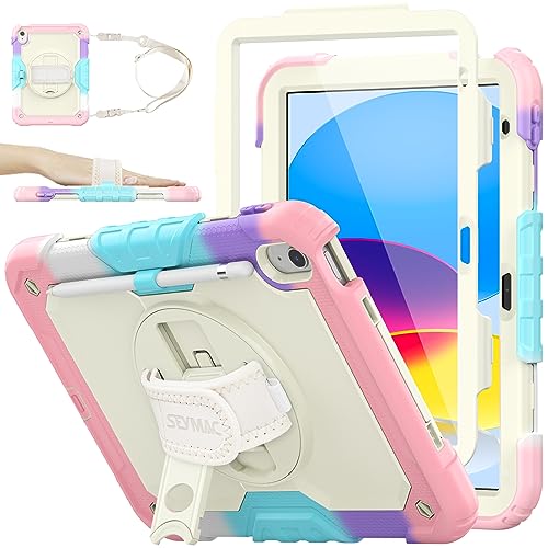 SEYMAC stock Case for iPad (A16) 11th/10th Generation 11''/10.9'' 2025/2022, Full-Body Drop Protection Case with Screen Protector &360° Rotate Hand Strap/Stand, Yellowish+Pink - color: Yellowish+Pink, size: Case for iPad (A16) 11th/10th Generation 11/10.9