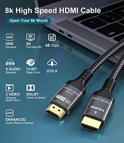 Adauxter 8K 4K HDMI to HDMI Cable 65 FT Long, HDMI® Cord with Ethernet CEC | 4K 120Hz 95Hz 8K 60Hz eARC ARC Netflix HDCP2.3 HDR10+ PC Laptop RTX5090 TV Monitor Projector X-Box PS5 - size: 65 ft
